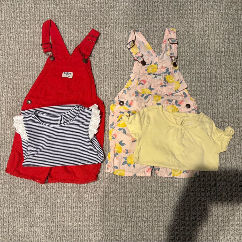 Oshkosh Red and Floral Overalls with Tops Set